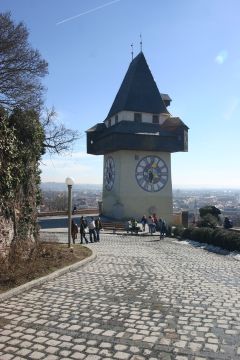 Wahrzeichen von Graz: Der Uhrturm auf dem Schlossberg. Hier traf ich mich mit Rolf Crüsemann